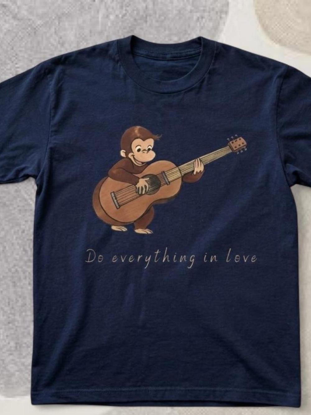 Gildan Navy Tee with Brown Monkey Guitar Art